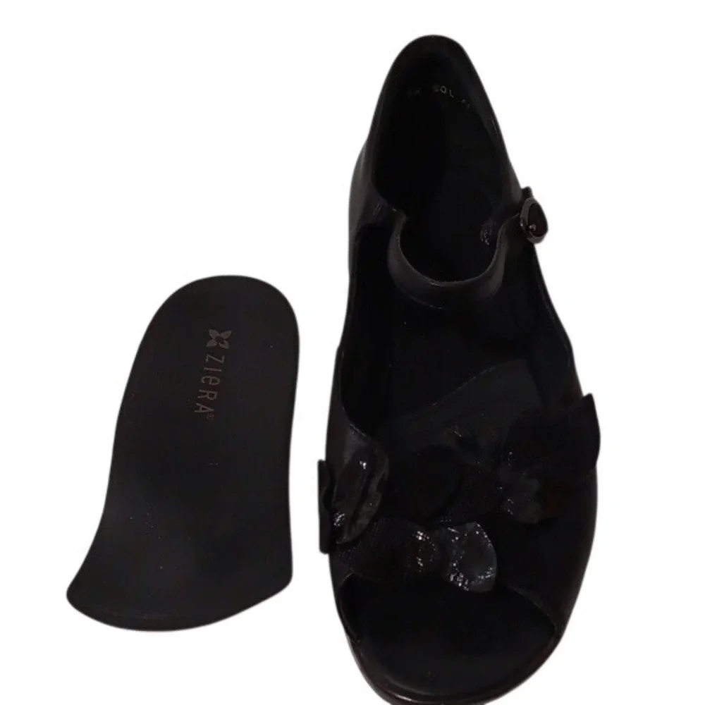 Ziera Women's Mary Janes Black Leather Floral  Shoes Flower Sz 40‎ US